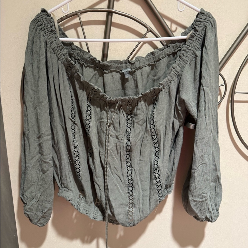 Charlotte Russe Olive Green Off-Shoulder Peasant Blouse, Size L, Y2K